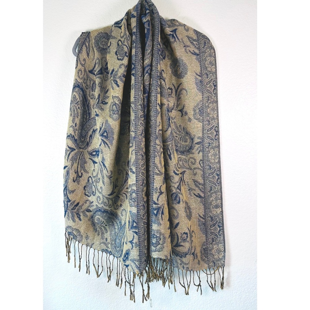 Pashmina Wool Silk Paisley Scarf Blue Gold Metallic Floral Jacquard Fringe Wrap